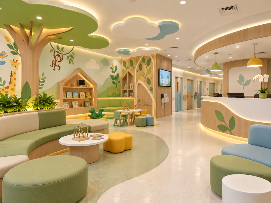 Espaço hospitalar infantil com recepção acolhedora, área de espera e elementos inspirados na natureza