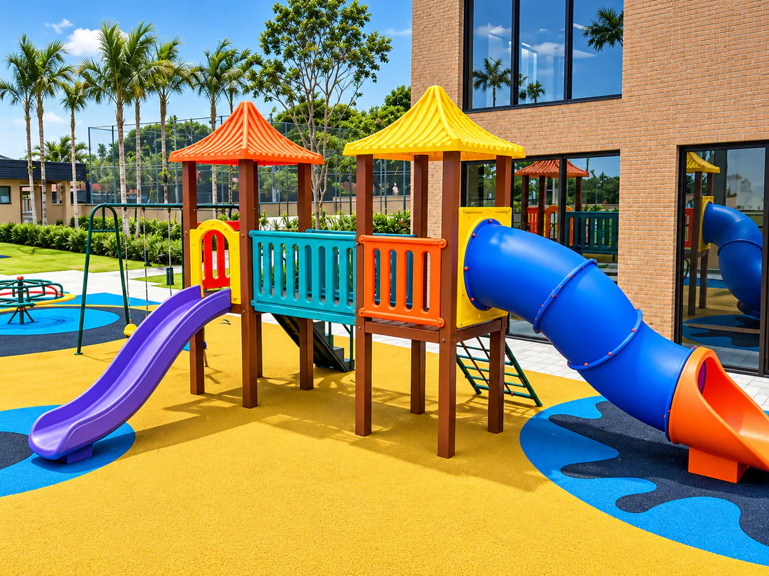 Projeto de playground infantil para evento com escorregadores e áreas de recreação